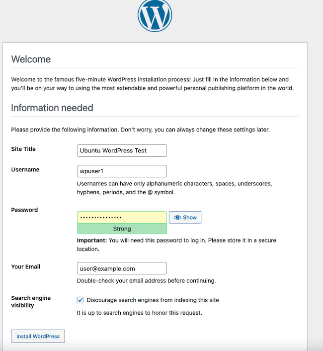 Enter the Default Database Administration Info