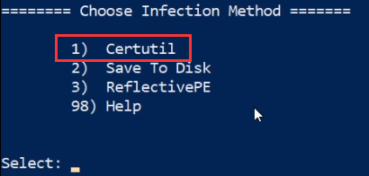 Luckystrike prompt - choose infection method - certutil highlighted